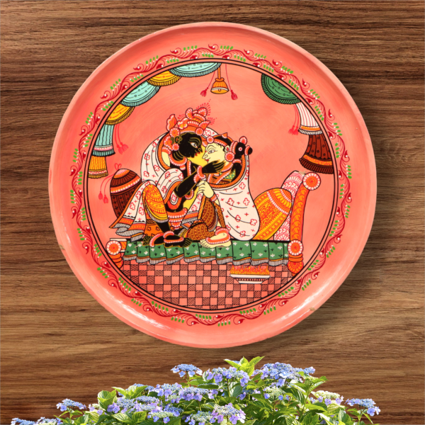 Radha and Lord Krishna stood together in a loving pose