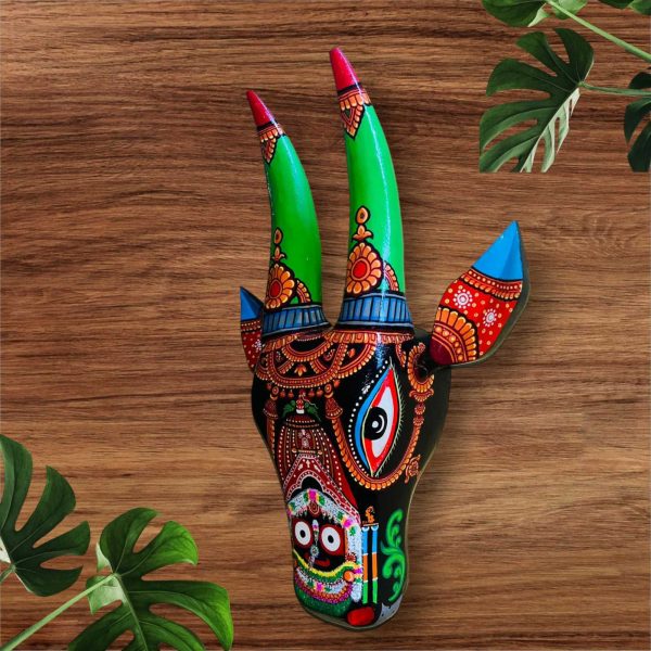 15" Hand Painted Pattachitra Wooden Cow Head