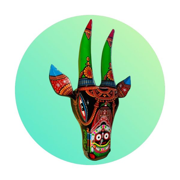 15" Hand Painted Pattachitra Wooden Cow Head - Image 2